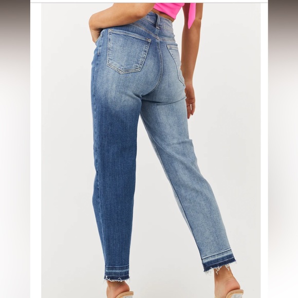 Two Tone High Rise Crossover Waist Straight Jeans - Picture 3 of 8